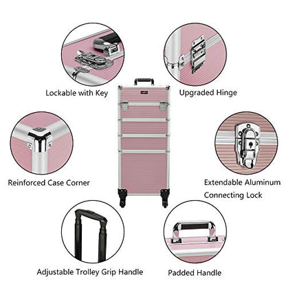 mefeir 4 in 1 Rolling Makeup Train Case, Aluminum Makeup Travel Organizer Cosmetic Case, Cosmetology Display Suitcase on Wheels, Beauty Storage Luggage Lockable w/4 Removable Wheels (Pink) - color: Pink
