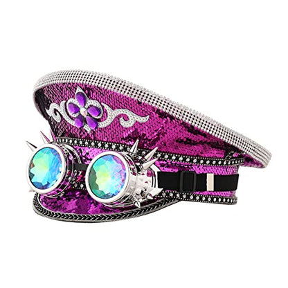 GRACEART Women's Burning Man Sequin Hat Mucis Festival Military Captain Hats Steampunk Caps with Goggles - style: Style-06(with Goggle)