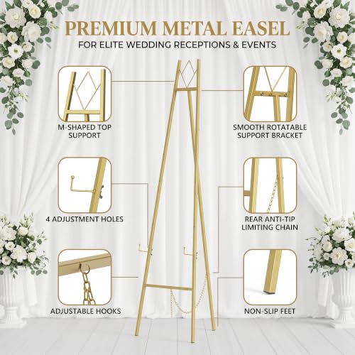 Gold Easel Stand for Sign Wedding, 57.5-Inch Adjustable Metal Stand | Welcome Sign Holder 4-tier Display Height, with Carry Bag, for Posters, Art, Pictures, Up to 10-25 lb