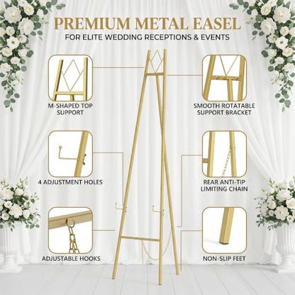 Gold Easel Stand for Sign Wedding, 57.5-Inch Adjustable Metal Stand | Welcome Sign Holder 4-tier Display Height, with Carry Bag, for Posters, Art, Pictures, Up to 10-25 lb