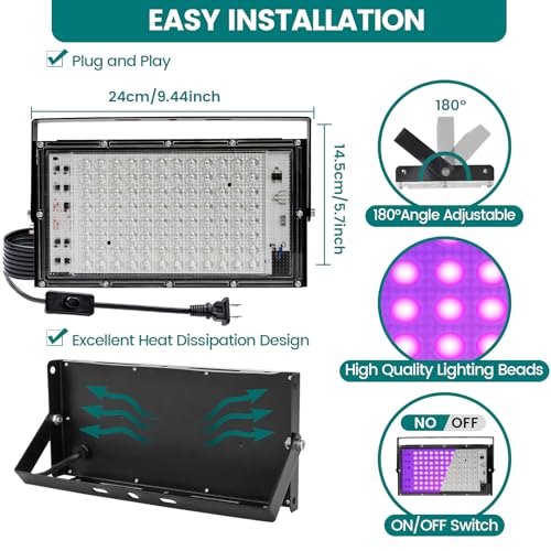 iCreating 100W Black Lights for Glow Party - Indoor Large High Power Black Light Flood Light 395nm UV Blacklight Floodlight Purple Blacklight Spotlight Fluorescent UV Lights for Halloween (2 Pack)