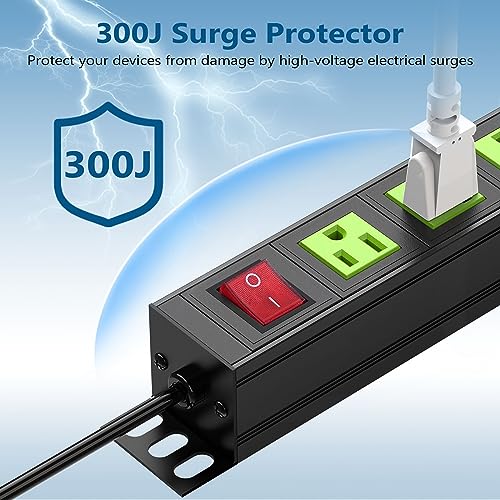 Metal 8 Outlet Mountable Power Strip, Wall Mount Outlet Power Strips Heavy Duty, Commercial Shop Power Strip with Switch, 15A 125V 1875W, 300J (Green 6FT) - color: Green 6FT