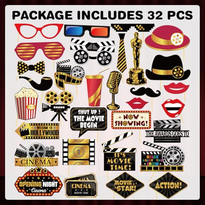 32Pcs Hollywood Photo Booth Props Kit, Movie Night Theater Red Carpet Cutouts Launch Oscars Cards Table Toppers Birthday Party Favors Supplies Large Size