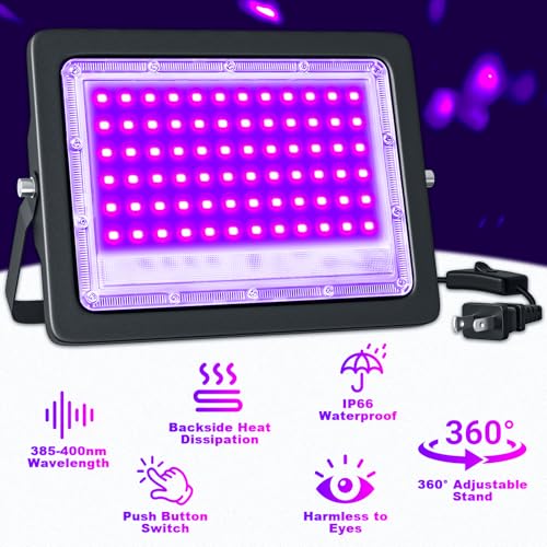 2 Pack 100W LED Black Light, Black Light Flood Light with US Plug & Switch | IP66 Waterproof BlackLight for Glow Party, Glow in The Dark, Halloween, Body Paint, Fluorescent Poster - size: L-120LED