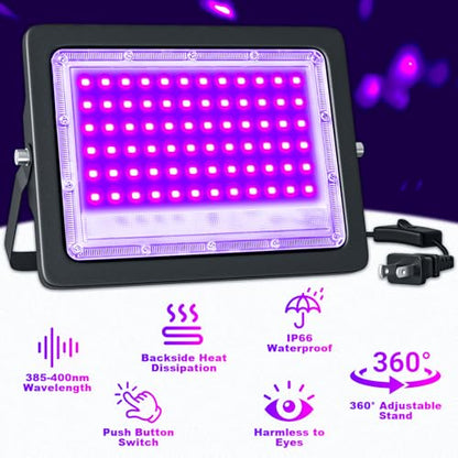 2 Pack 100W LED Black Light, Black Light Flood Light with US Plug & Switch | IP66 Waterproof BlackLight for Glow Party, Glow in The Dark, Halloween, Body Paint, Fluorescent Poster - size: L-120LED