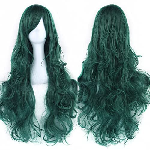 IMISSU 80cm Long Curly Natural Hair Cosplay Wig with Bangs Colorful Halloween Costume Party Wigs for Women (Dark Green) - color: Dark Green