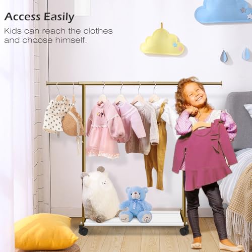 MISSLO Short Clothing Racks for Hanging Clothes with Bottom Shelves and Wheels Heavy Duty Rolling Clothes Rack Kids Clothing Rack for Adult Coat, Closet, Wardrobe (Gold) - color: Gold