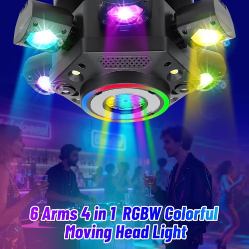 Moving Head DJ Lights, 6 Arm RGBW LED 150W Disco Stage Light with Mixed Lighting Effects, Sound Activated, DMX 512 Remote Control DJ Lights for Disco Club Wedding Party (Mixed Light)