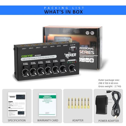 COKYIS Mini Audio Mixer, 6-Channel Stereo Line Mixer for Precision Sub-Mixing, with Ultra Low-Noise Operation, Independent Microphone Control, 1/4" TRS Input/Output-for Guitars, Bass, Stage Mixer