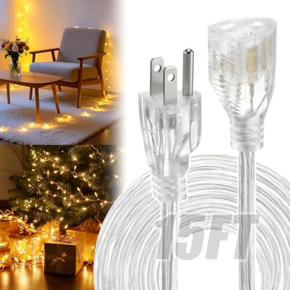 Alphatool 3 Prong Clear Extension Cord, 15 FT | Male to Female, Invisible Indoor Power Cable, 18/3 AWG, 125V 10A 1250W - size: 15 FT