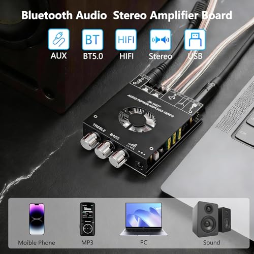 Bluetooth 5.1 Audio Amplifier Board,320W HiFi 2.1 Channel Mini Subwoofer Power Amp Module with Treble & Bass Control with AUX Input,Audio Amp Board for Home DIY Wireles Speaker(with Power Cord) - size: ZK-1602T