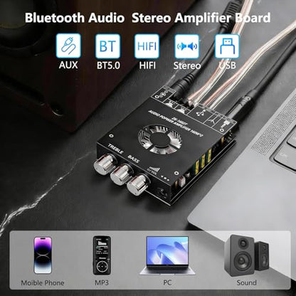 Bluetooth 5.1 Audio Amplifier Board,320W HiFi 2.1 Channel Mini Subwoofer Power Amp Module with Treble & Bass Control with AUX Input,Audio Amp Board for Home DIY Wireles Speaker(with Power Cord) - size: ZK-1602T