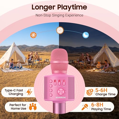 BONAOK Wireless Bluetooth Karaoke Microphone, 3-in-1 Portable Handheld Mic Speaker Machine with Built-in Non-Detachable Battery, for All Smartphones, Gifts to Girls, Boys Kids Adults All Age - color: Pink