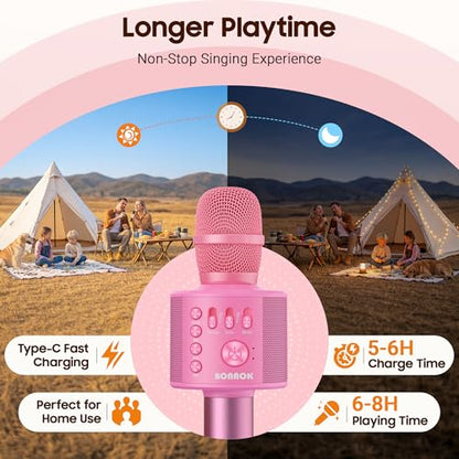 BONAOK Wireless Bluetooth Karaoke Microphone, 3-in-1 Portable Handheld Mic Speaker Machine with Built-in Non-Detachable Battery, for All Smartphones, Gifts to Girls, Boys Kids Adults All Age - color: Pink