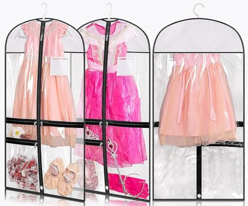 Clear Dance Costume Garment Bag for Dancers 3 Zippered Pockets Kids Embroiderable Competitions Bags, Clothes Cover for Girls Dress(3 Packs)