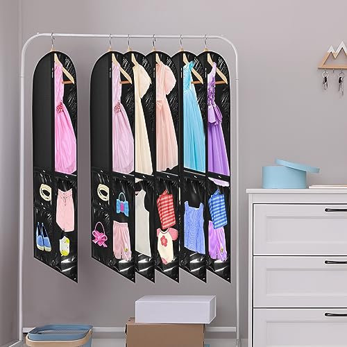 6 Pcs 24'' x 50'' Clear PVC Garment Bag Dance Costume Competition Bag with Rack Zippers Pockets Hanging Garment Covers Costume Organizer Costume Carrier for Adults Kids(Black) - color: Black