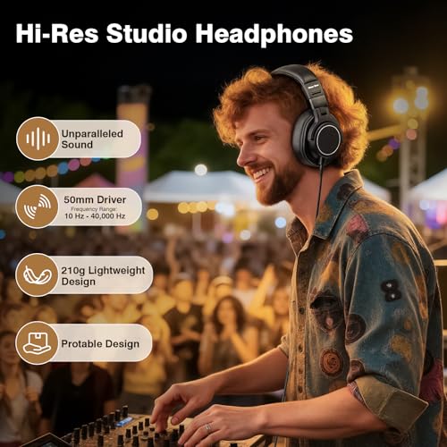 New Bee Wired Over Ear Headphones, Studio Headphones with 50mm Drivers and 6.35mm & 3.5mm Jack DJ Headphones for Studio Monitor & Mixing DJ Guitar AMP Podcast Piano Keyboard | Over Ear Headphones with Cable, 6.35 & 3.5 mm Jack Cable Headphones for Studio,