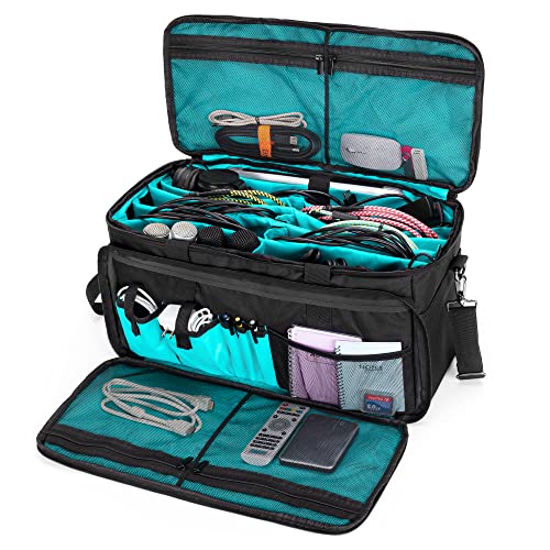 LoDrid Large Cable File Bag with Padded Bottom for Music Equipment, Black | Detachable Dividers, Multiple Pockets for 15.6" Laptop, DJ Gear, Sound Instrument