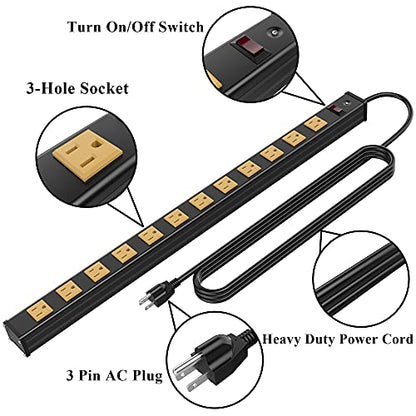 Oviitech 12 Outlets Heavy Duty Metal Socket Power Strip, 6-Foot Long Extension Cord with Circuit Breaker. Mounting Brackets Included,Workshop/Industrial use, ETL Certified，Yellow - size: 12 AC