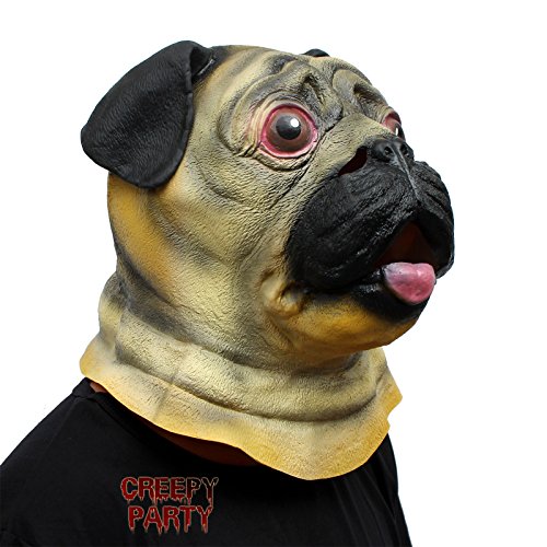 CreepyParty Pug Head Mask for Adults, Natural Latex Pug Dog Costume Mask for Halloween Parties and Cosplay, Black