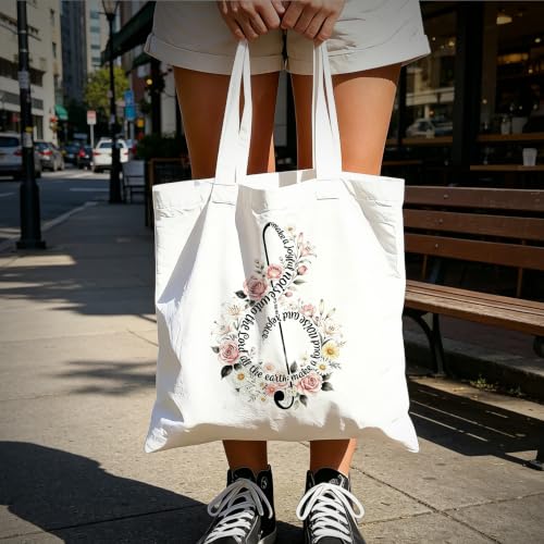 Aesthetic Music Floral Tote Bag for Women, Reusable Canvas Bag with Musical & Botanical Design, Daily Use Gift - color: White-music-016