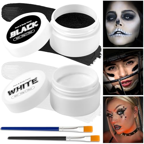 TonJin Black + White Face Body Paint Set 3.5oz/100g, Non-Toxic Professional Facepaint Makeup Kit with 2 Brushes for Art Theater Halloween Party Cosplay Clown Corpse Goth SFX Makeup - color: Black & White