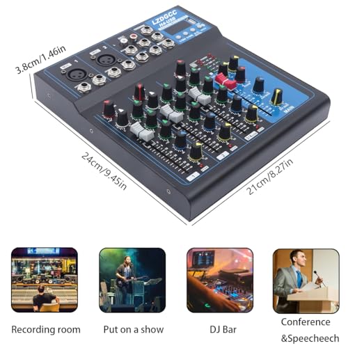 Professional Audio Mixer, 4 Channel DJ Bluetooth Portable Mixer Board | USB DJ Mixer Board with 48v Phantom Power, DJ mixers Sound Board for Live Show Streaming Music Stage Karaoke