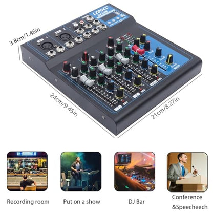 Professional Audio Mixer, 4 Channel DJ Bluetooth Portable Mixer Board | USB DJ Mixer Board with 48v Phantom Power, DJ mixers Sound Board for Live Show Streaming Music Stage Karaoke