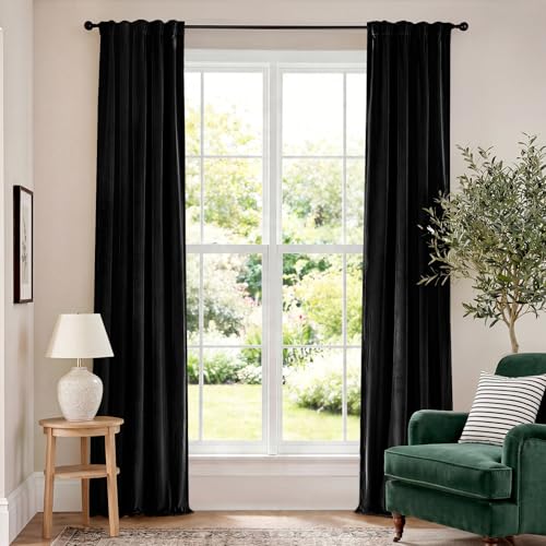 Lazzzy Blackout Black Velvet Curtains Rod Pocket 42×96 Inch 2 Panels - color: R | Black, size: 42"W x 96"L (Pack of 2)