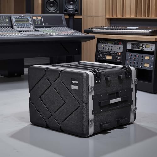 VEVOR 8U Rack Case, Standard 19 in Depth, Rolling Server Cabinet with Wheels, ABS Construction, Retractable Handle, Latches, for Amplifier (7U Rack Space + 1U Wheel Space), 18.4 in Internal Depth - size: 24.41 x 16.54 x 21.85 Inches