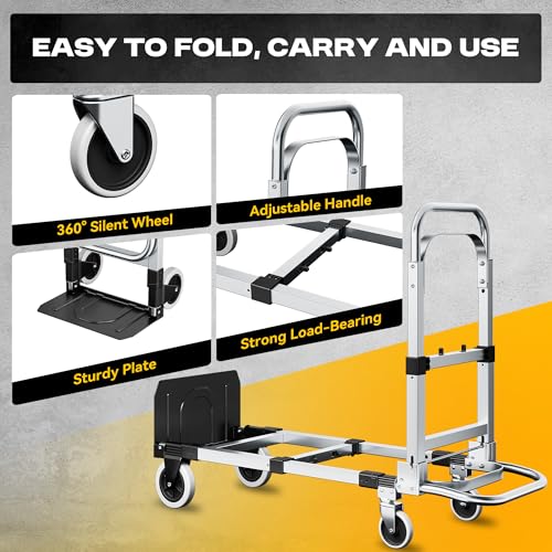 3-in-1 Convertible Dolly Cart, 600LBS Heavy Duty Hand Truck Dolly | Collapsible Cart with Adjustable Handle Angle & Expandable Base, for Luggage, Cartons, Warehouse, Office, Black - size: Middle-Black