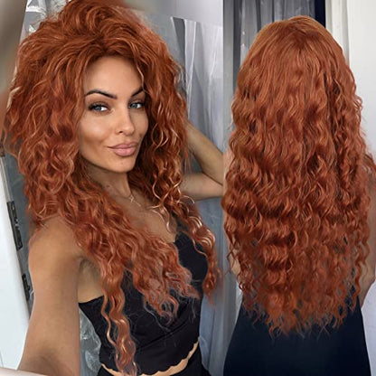 Long Ginger Red Curly Wig Merida Costume Fluffy Waves Free Part Hairline - color: Red