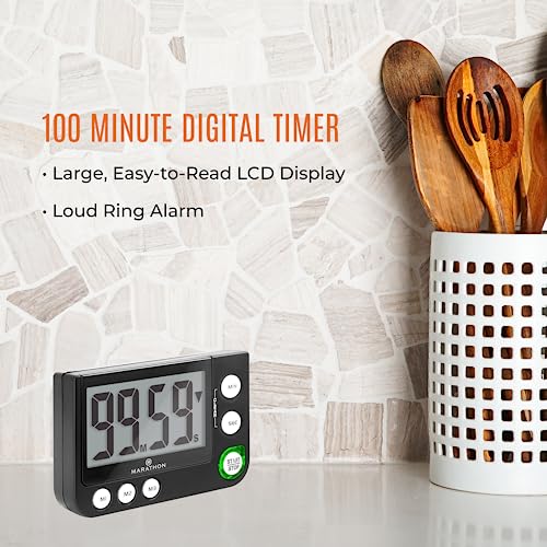 MARATHON 100-Minute Digital Timer with 3 Memory Presets, Black | Adjustable alarm volume, count-up and countdown functions, magnetic back and tabletop stand