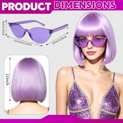 Short Bob Straight Hair Wigs with Bangs, Heat Resistant Fiber Hair, Cat Eye Glasses for Women (Pink-Purple) - color: Pink-Purple