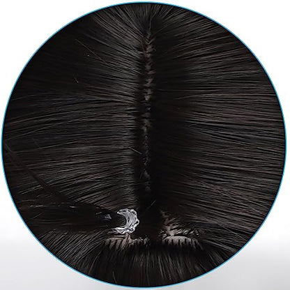 Anime Black Blue mixed Red Wigs Men Long Straight Wig with Ahoge Bangs Layered Haircut Adult Game Dragon Lunae Cosplay Wigs Halloween,Christmas,Comic con,Game Show,Party - color: Black Blue