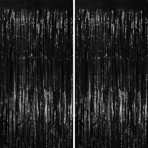 Voircoloria Black Foil Fringe Backdrop Curtains,3.3x6.6ft, 2 Pack - color: Black