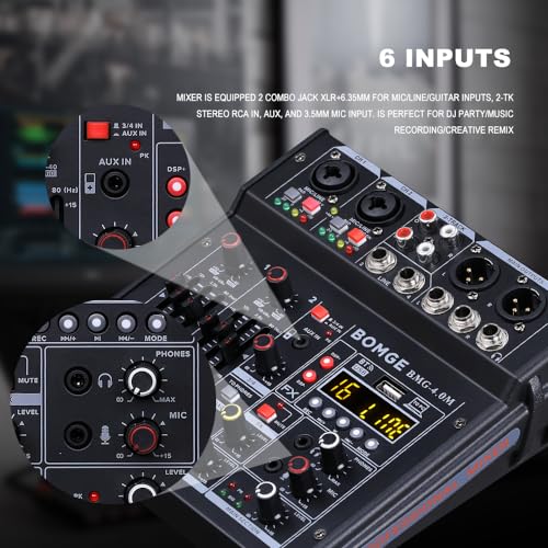 BOMGE 04M Audio Mixer, Sound Board Mixing Console with 4 Channel Digital USB Bluetooth 24 Sound Effect, Input 48V Phantom Power Stereo DJ Mixers for Recording, Live Streaming, Podcasting,Gaming