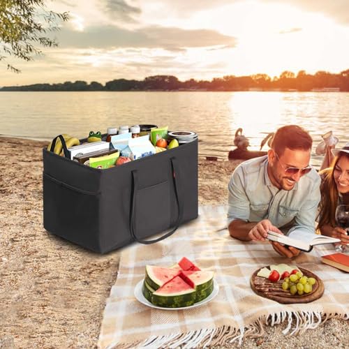 LHZK 2 Pack Utility Tote Bag with Metal Wire Frame and the Sides Rinforced, Large Tote Bag with Handle, Reusable Grocery Bags Foldable, Beach Bag, Car Tote (Black, 18.5''x11.8''x11.5'') - color: Black, size: 18.5''x11.8''x11.5''-2 Pack
