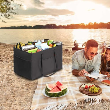 LHZK 2 Pack Utility Tote Bag with Metal Wire Frame and the Sides Rinforced, Large Tote Bag with Handle, Reusable Grocery Bags Foldable, Beach Bag, Car Tote (Black, 18.5''x11.8''x11.5'') - color: Black, size: 18.5''x11.8''x11.5''-2 Pack