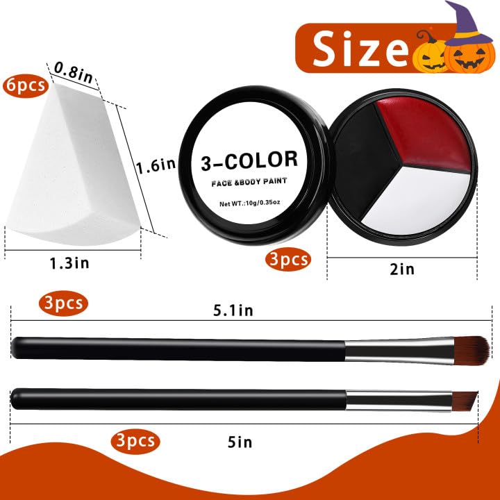 3 Set Black White Red Face Body Paint, 3-Color Joker Face Body Paint | Clown Makeup Kit with Sponge and Brush, Halloween Cosplay Costume Makeup Set for Special Effect Party Supplies - color: Red,black & white