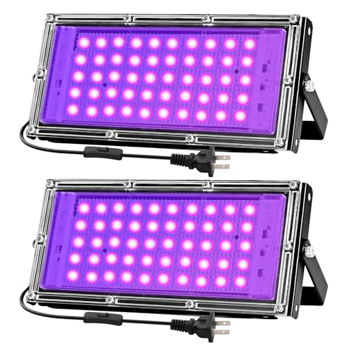iCreating 50W Black Lights for Glow Party - Strong High Power Black Light Flood Light 395nm UV Blacklight Floodlight Purple Blacklight Spotlight Fluorescent UV Lights for Halloween (2 Pack)