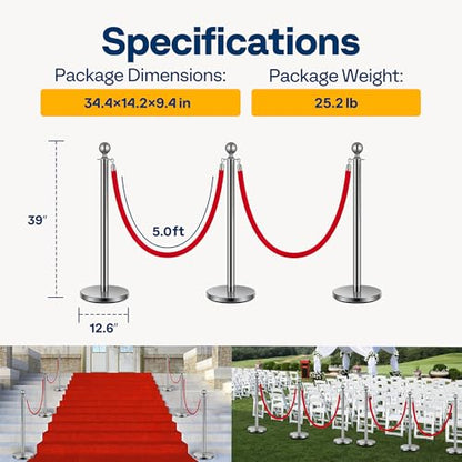 VIVOHOME Silver Stanchions and Velvet Ropes, 5 Feet Ropes and 39 Inch Posts | 6PCS Stainless Steel Post with Water-Fillable Leakproof Base, Red Carpet Poles for Wedding, Prom & VIP Events - color: Sliver
