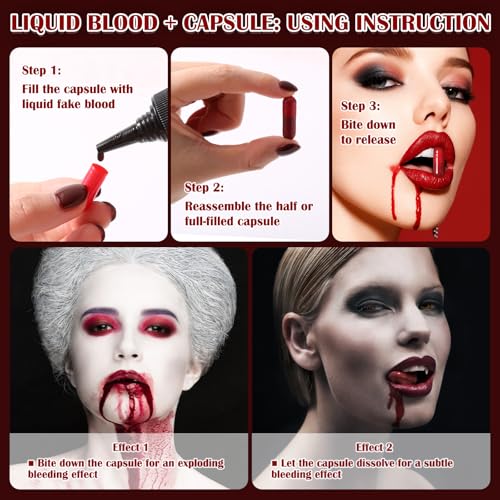BOBISUKA Halloween Fake Blood Kit, 1.76oz Blood Spray + 1.76oz Dripping Blood + 10 Fillable Empty Capsules, Realistic Washable Fake Blood Makeup for Mouth Clothes Zombie Vampire Monster SFX Cosplay - color: Blood Spray + Dripping Blood + Empty Capsules