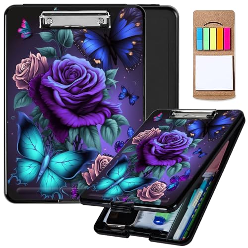 Plastic Storage Clipboard with Low Profile Clip, Heavy Duty Foldable, Coaches Clipboard Case for Work, Teacher, Office, School Supplies, Blue Pink Roses Butterfly - color: Blue Pink Roses Butterfly, size: Clipboard A