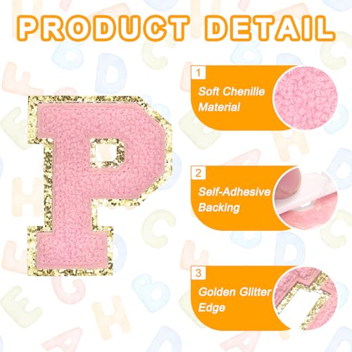 MECCANIXITY Chenille Letter Patches 2.2" Self Adhesive Alphabet P Stick on Embroidered Patch Sew on Letter Stickers Applique for Repairing Clothing Jeans Shoes Hats DIY(Pink, Pack of 6) - style: Letter-P