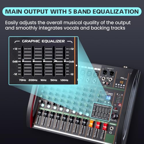 Audio Mixer 8 Channel, Professional Music Sound Mixer Board with 48V Phantom Power, Digital DJ Mixing Console with Reverb USB Port Bluetooth for Recording Karaoke Podcasting