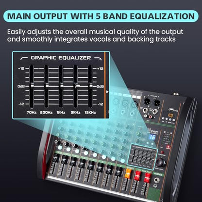 Audio Mixer 8 Channel, Professional Music Sound Mixer Board with 48V Phantom Power, Digital DJ Mixing Console with Reverb USB Port Bluetooth for Recording Karaoke Podcasting