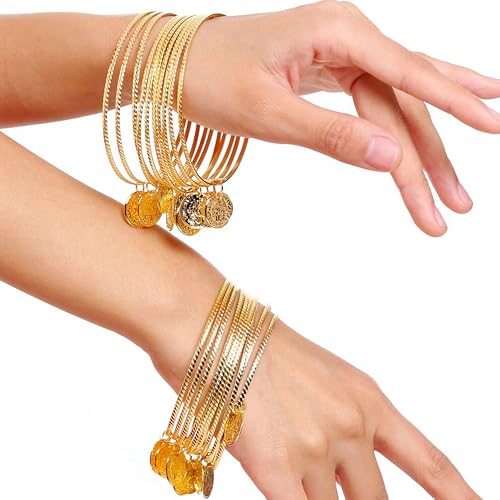 Wuchieal Set of 4 pcs Belly Dancer Outfit Sets, Chiffon Head Scarf,Belly Dance Hip Scarf, 10 Bobby Pins, 18 Metal Bracelets - color: Purple