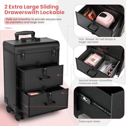 3 in 1 Rolling Makeup Train Cosmetology Case on Wheel, Medium - size: Medium