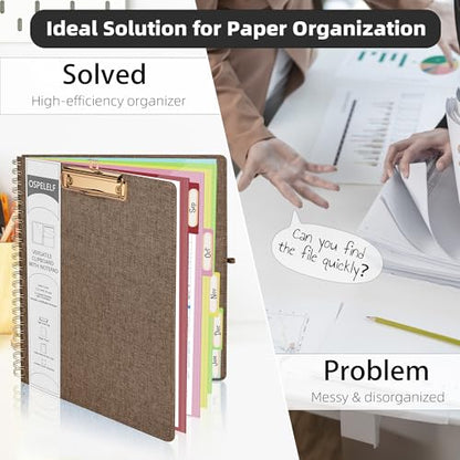 Ospelelf Brown Foldable Spiral Clipboard Folio with Storage Zipper Pouch, 5 Plastic Folders with 10 Pockets, Refillable Lined Notepad (11" x 8.5"), Linen Hardcover Project Organizer - color: Brown